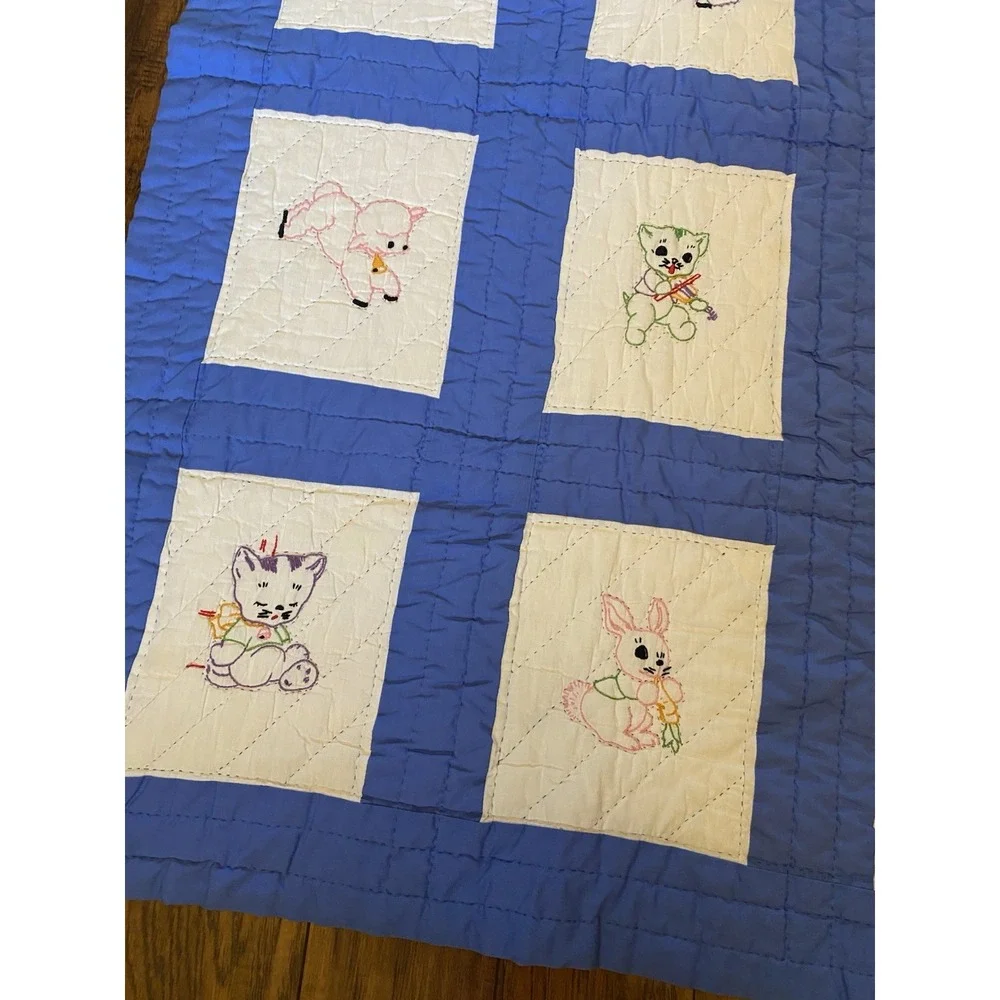 Vtg Cotton Crib Boy Baby Blanket Hand Embroidered 12 Blocks Animals Unisex